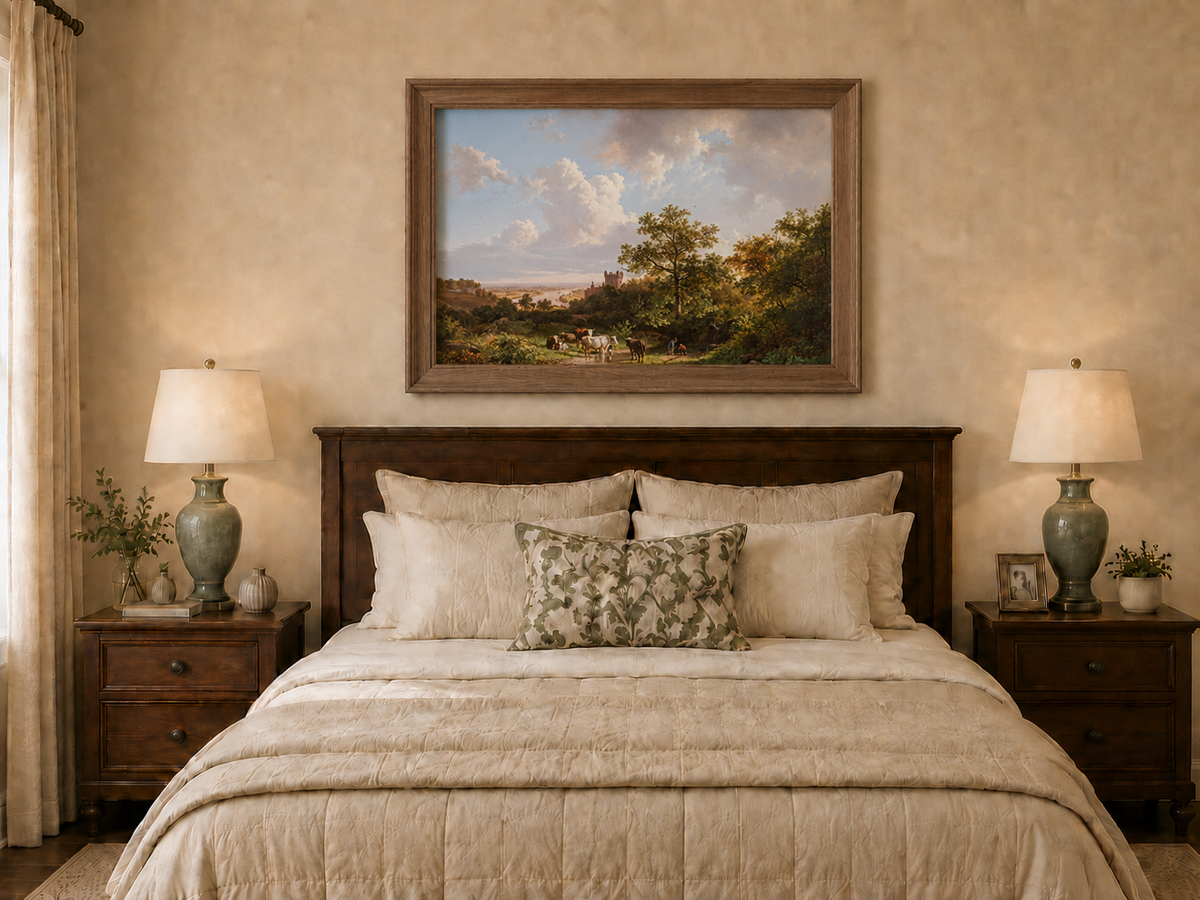 Landscape Oil Painting - Pastoral Cattle Scene with Castle View