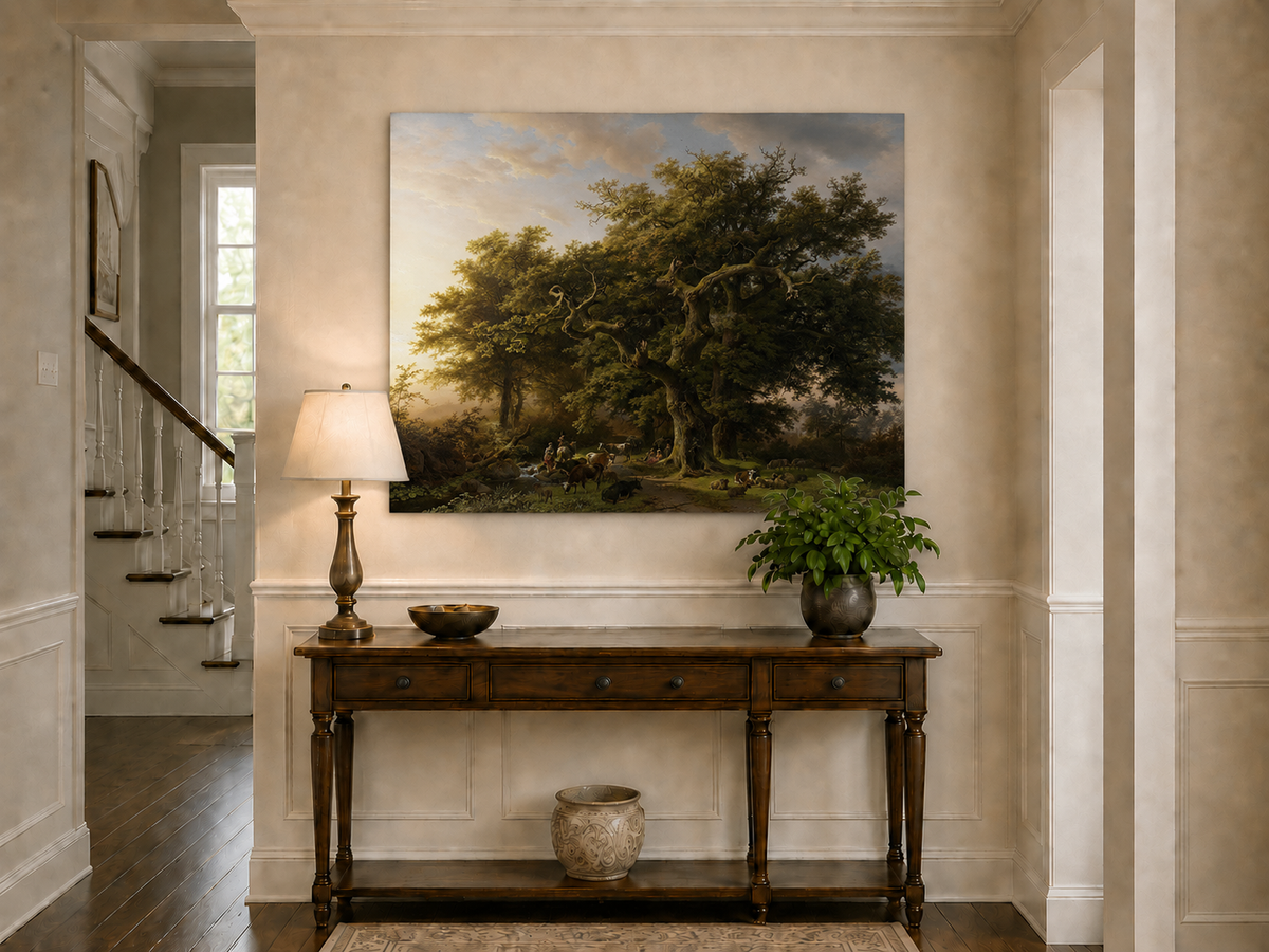 Landscape Oil Painting - Forest Scene with Cattle and Shepherd