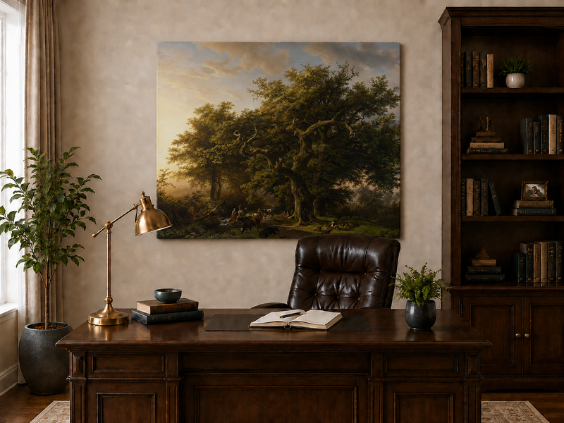 Landscape Oil Painting - Forest Scene with Cattle and Shepherd
