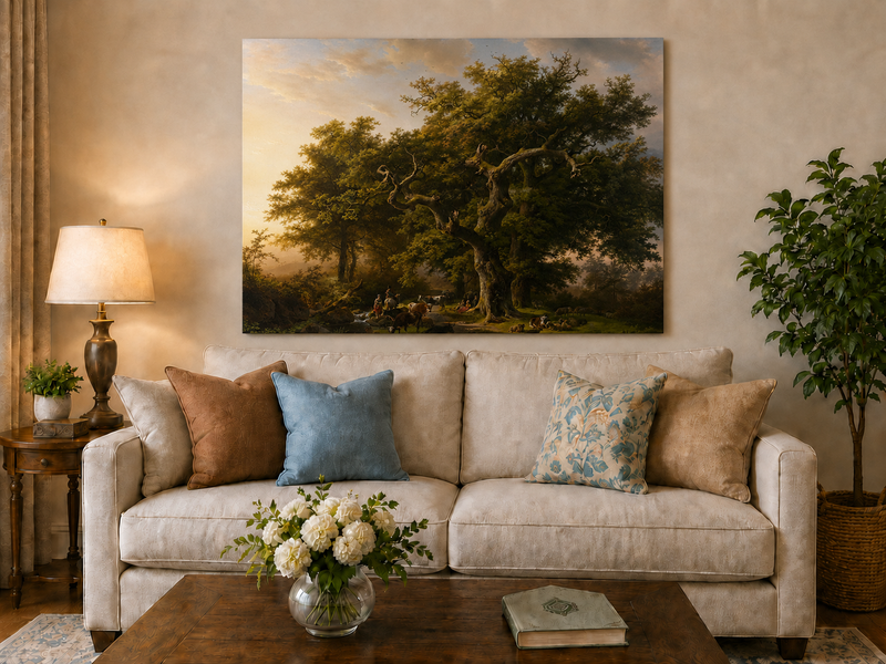 Landscape Oil Painting - Forest Scene with Cattle and Shepherd