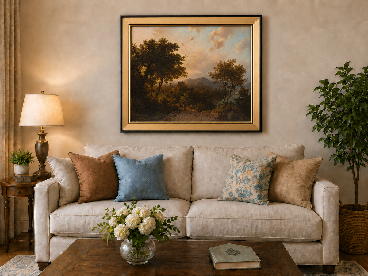 Landscape Oil Painting - Sunset Over Rhine Valley with Castle