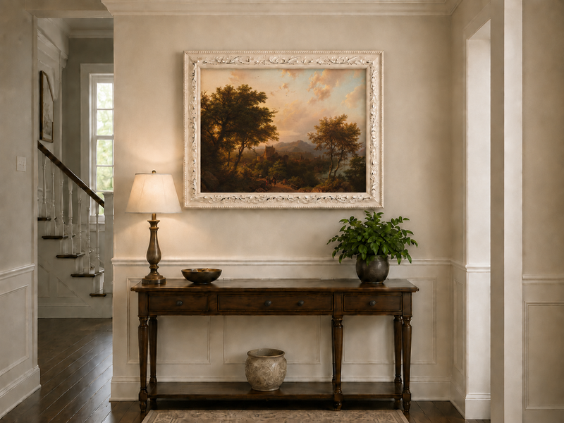 Landscape Oil Painting - Sunset Over Rhine Valley with Castle