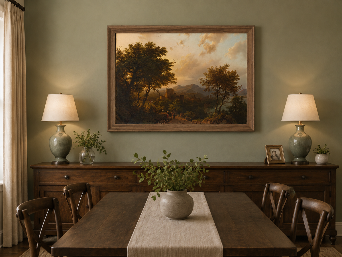 Landscape Oil Painting - Sunset Over Rhine Valley with Castle
