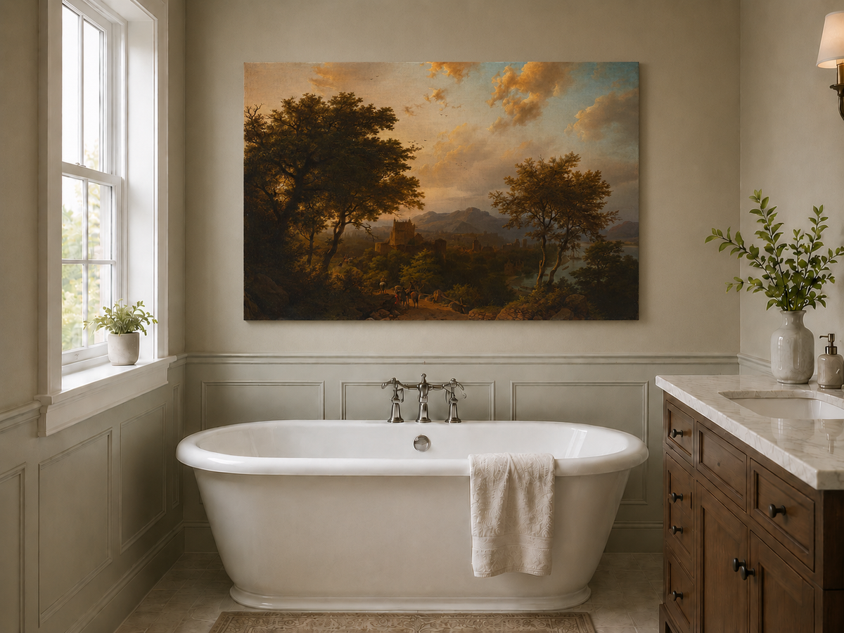 Landscape Oil Painting - Sunset Over Rhine Valley with Castle