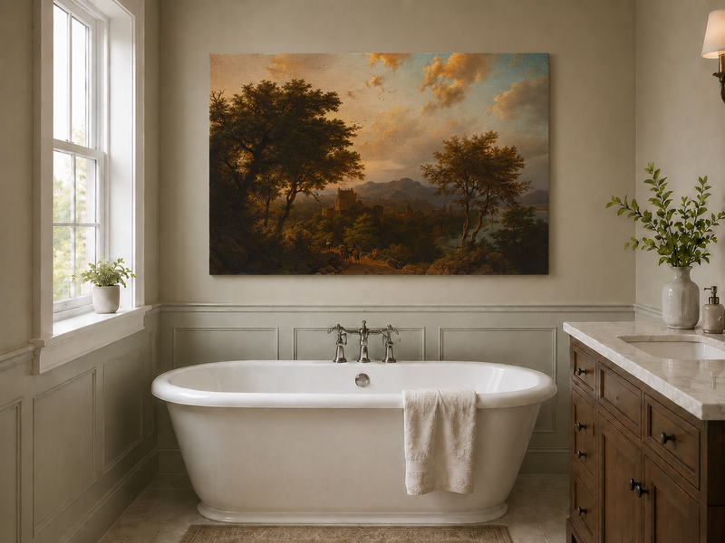Landscape Oil Painting - Sunset Over Rhine Valley with Castle