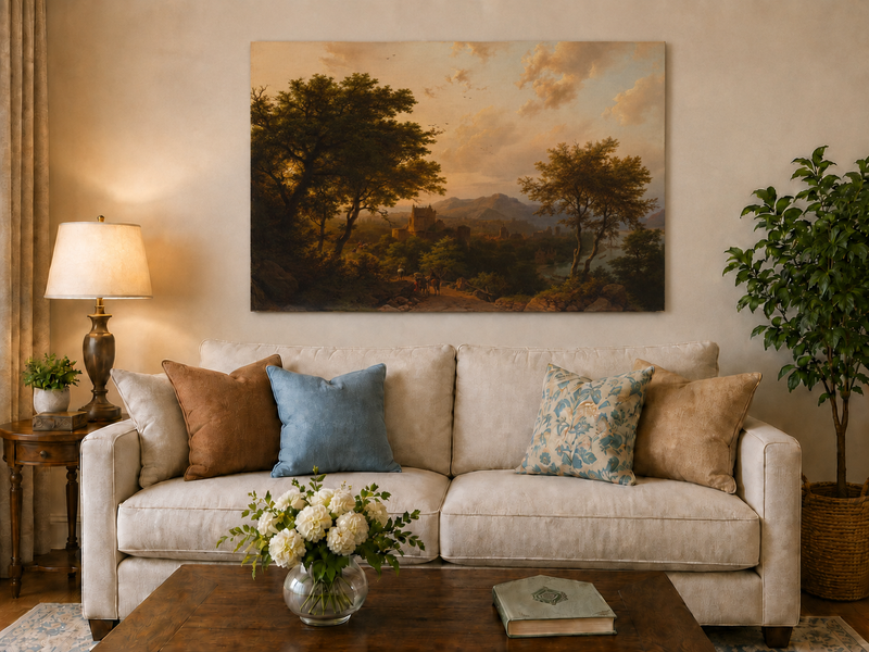 Landscape Oil Painting - Sunset Over Rhine Valley with Castle