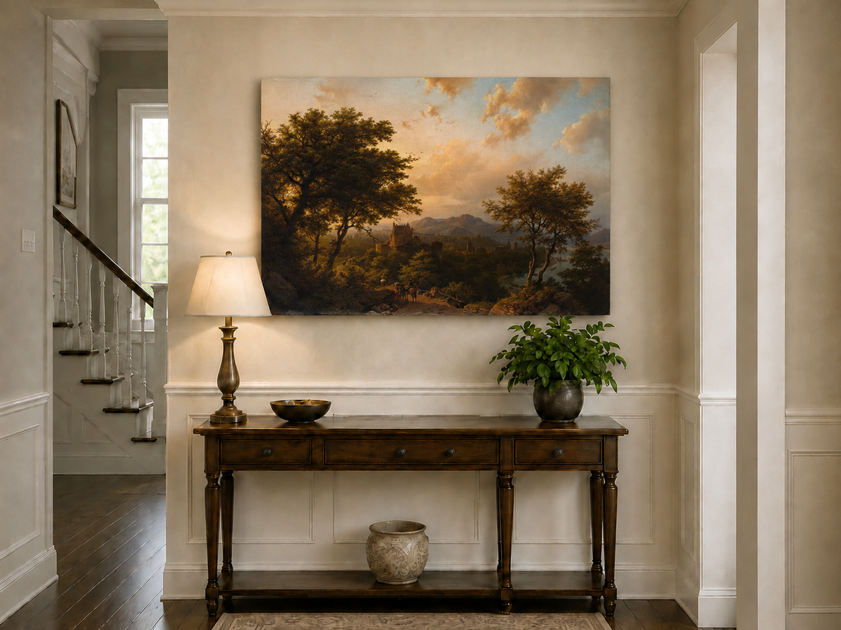 Landscape Oil Painting - Sunset Over Rhine Valley with Castle