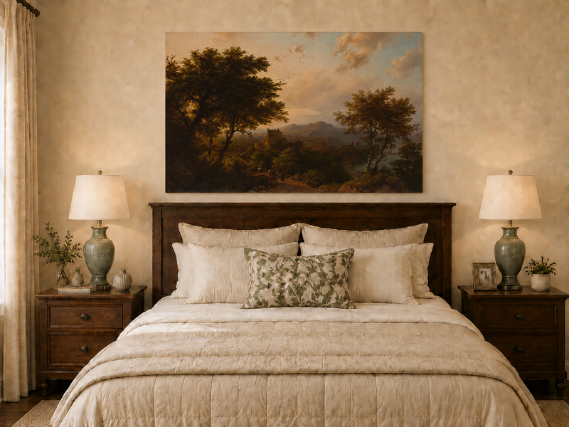 Landscape Oil Painting - Sunset Over Rhine Valley with Castle