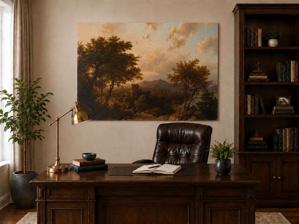 Landscape Oil Painting - Sunset Over Rhine Valley with Castle