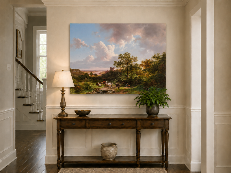 Landscape Oil Painting - Pastoral Cattle Scene with Castle View