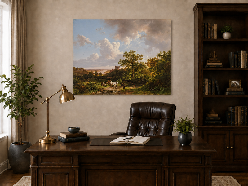 Landscape Oil Painting - Pastoral Cattle Scene with Castle View