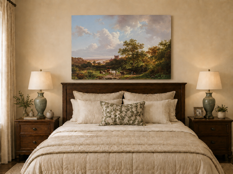 Landscape Oil Painting - Pastoral Cattle Scene with Castle View