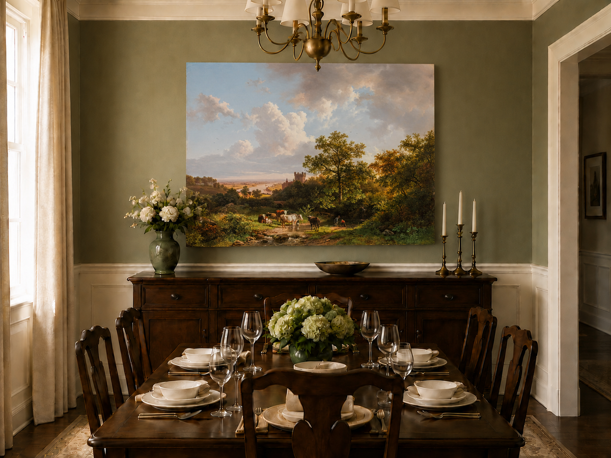 Landscape Oil Painting - Pastoral Cattle Scene with Castle View