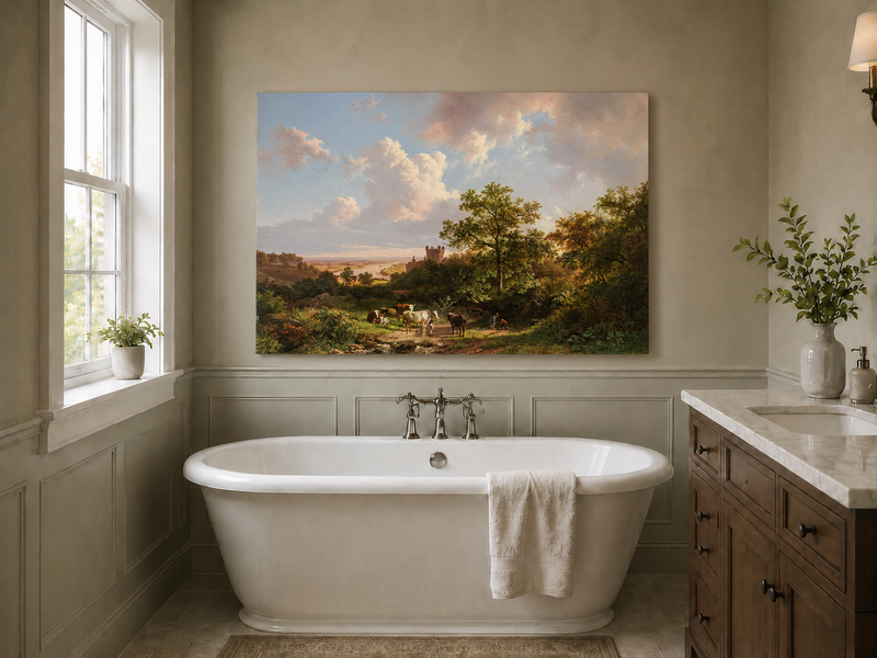 Landscape Oil Painting - Pastoral Cattle Scene with Castle View