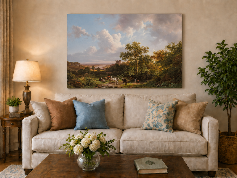 Landscape Oil Painting - Pastoral Cattle Scene with Castle View