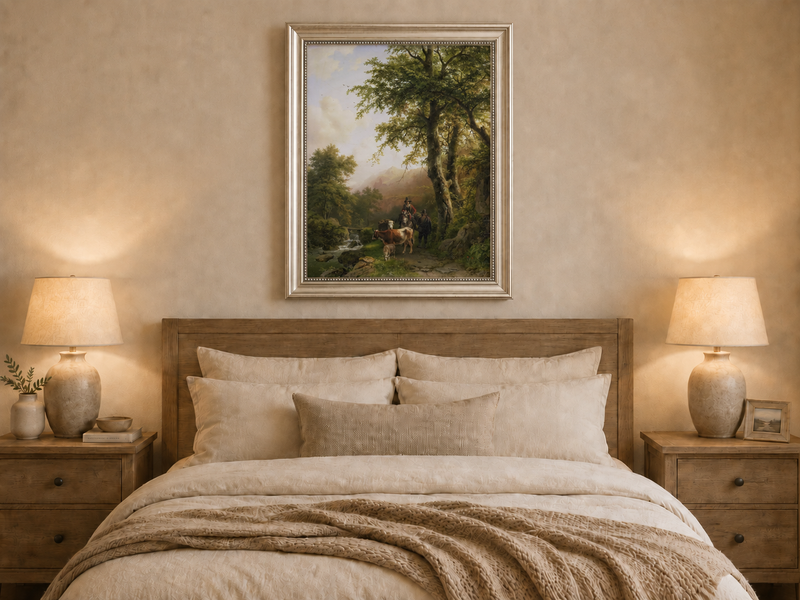 Peinture à l'huile de paysage - Chemin forestier, personnages et animaux