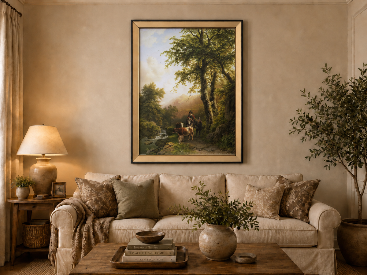 Peinture à l'huile de paysage - Chemin forestier, personnages et animaux