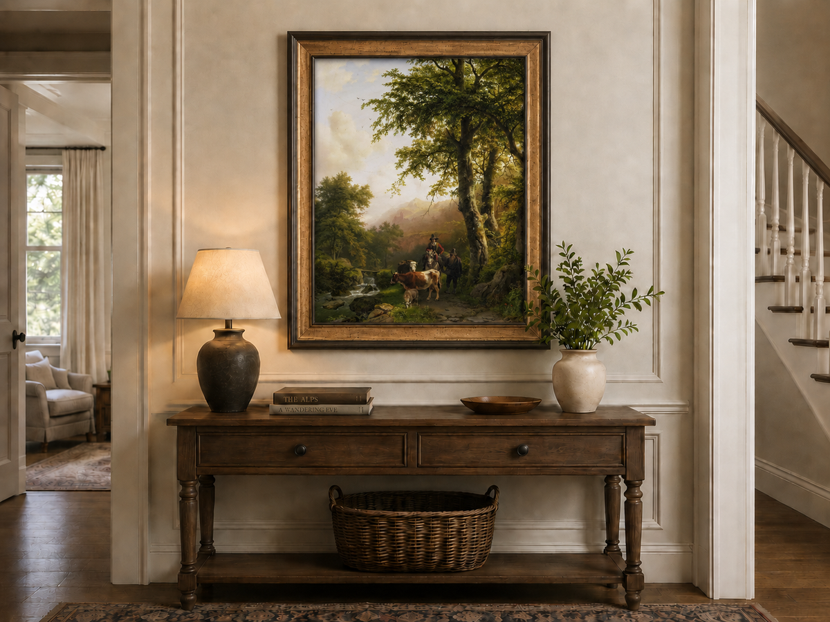 Peinture à l'huile de paysage - Chemin forestier, personnages et animaux