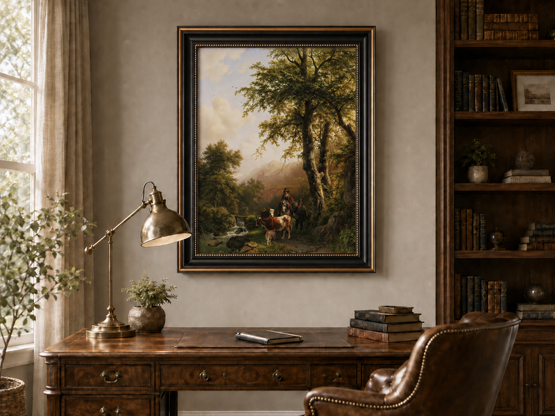 Peinture à l'huile de paysage - Chemin forestier, personnages et animaux