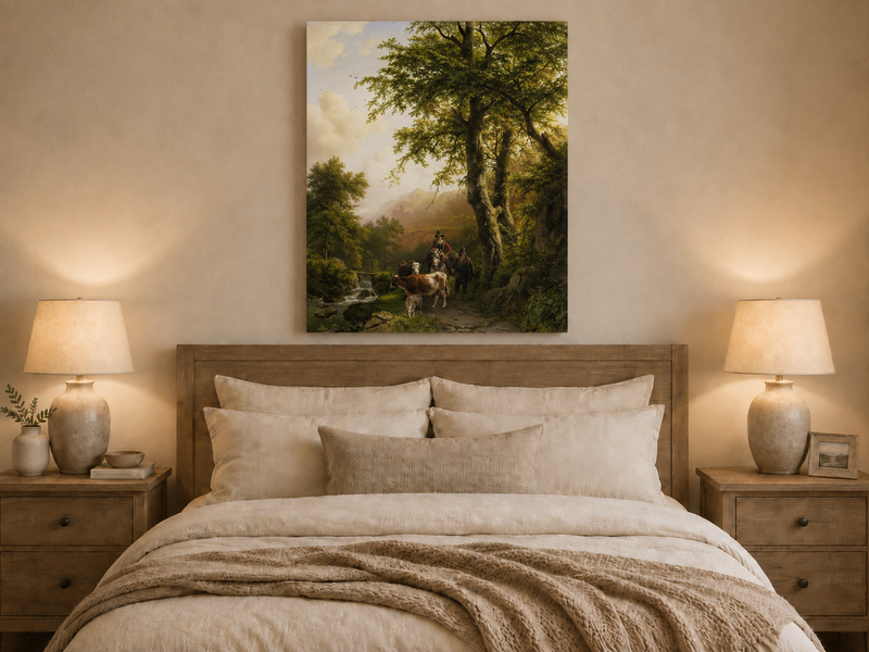 Peinture à l'huile de paysage - Chemin forestier, personnages et animaux