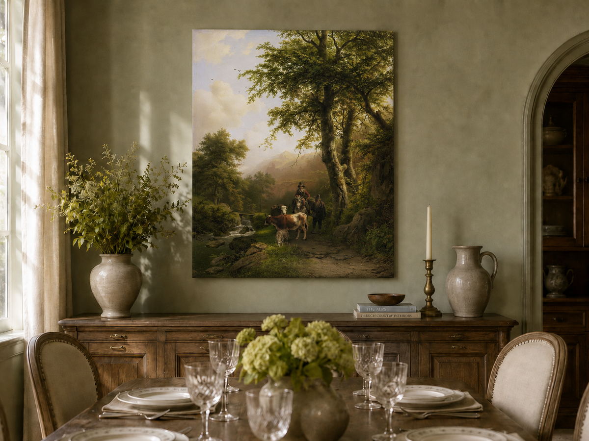 Peinture à l'huile de paysage - Chemin forestier, personnages et animaux
