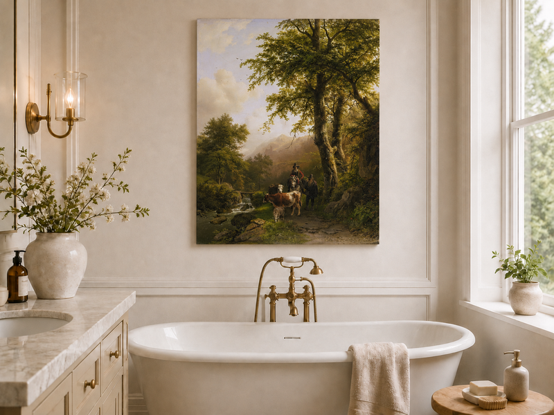 Peinture à l'huile de paysage - Chemin forestier, personnages et animaux