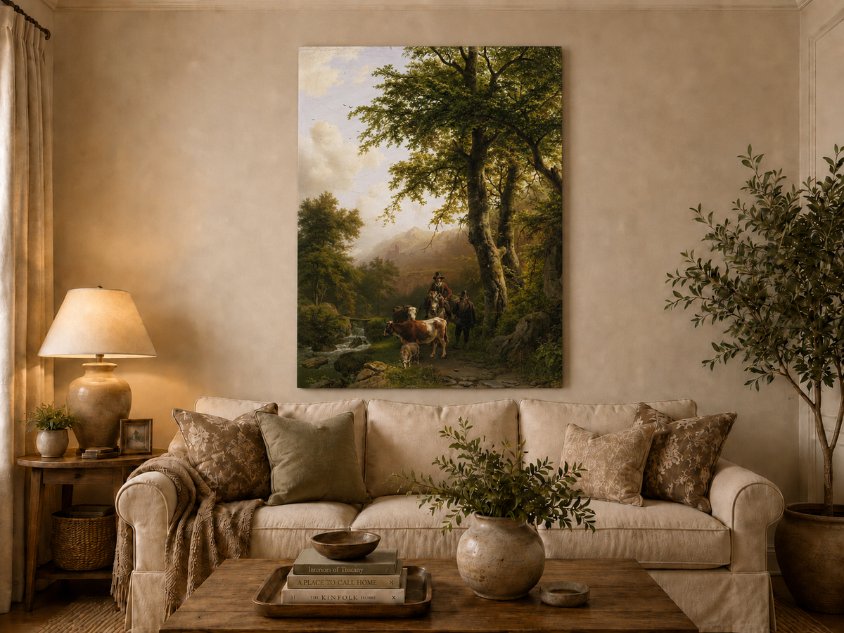 Peinture à l'huile de paysage - Chemin forestier, personnages et animaux