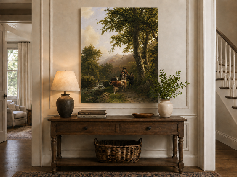 Peinture à l'huile de paysage - Chemin forestier, personnages et animaux