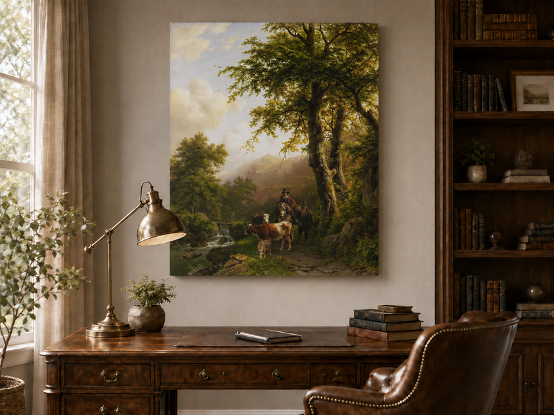 Peinture à l'huile de paysage - Chemin forestier, personnages et animaux