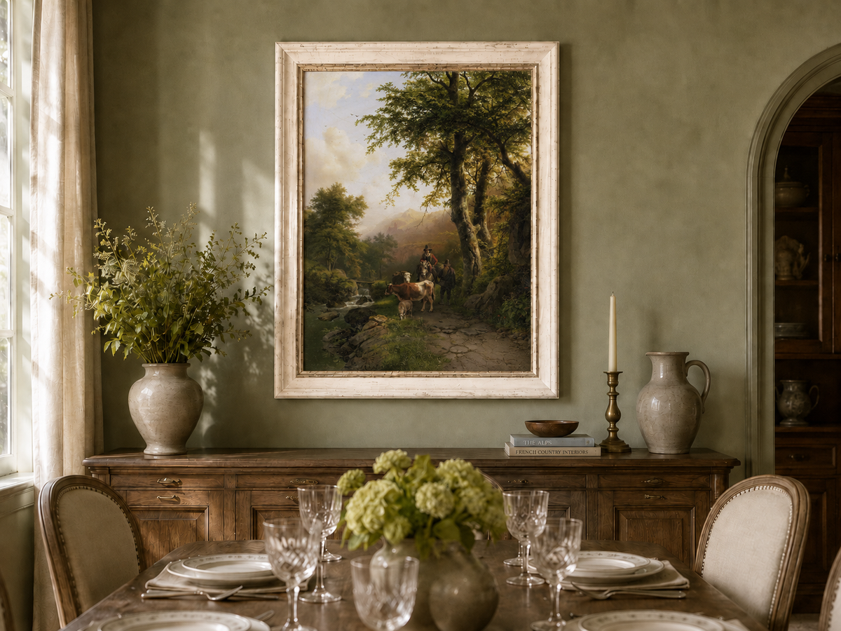 Peinture à l'huile de paysage - Chemin forestier, personnages et animaux