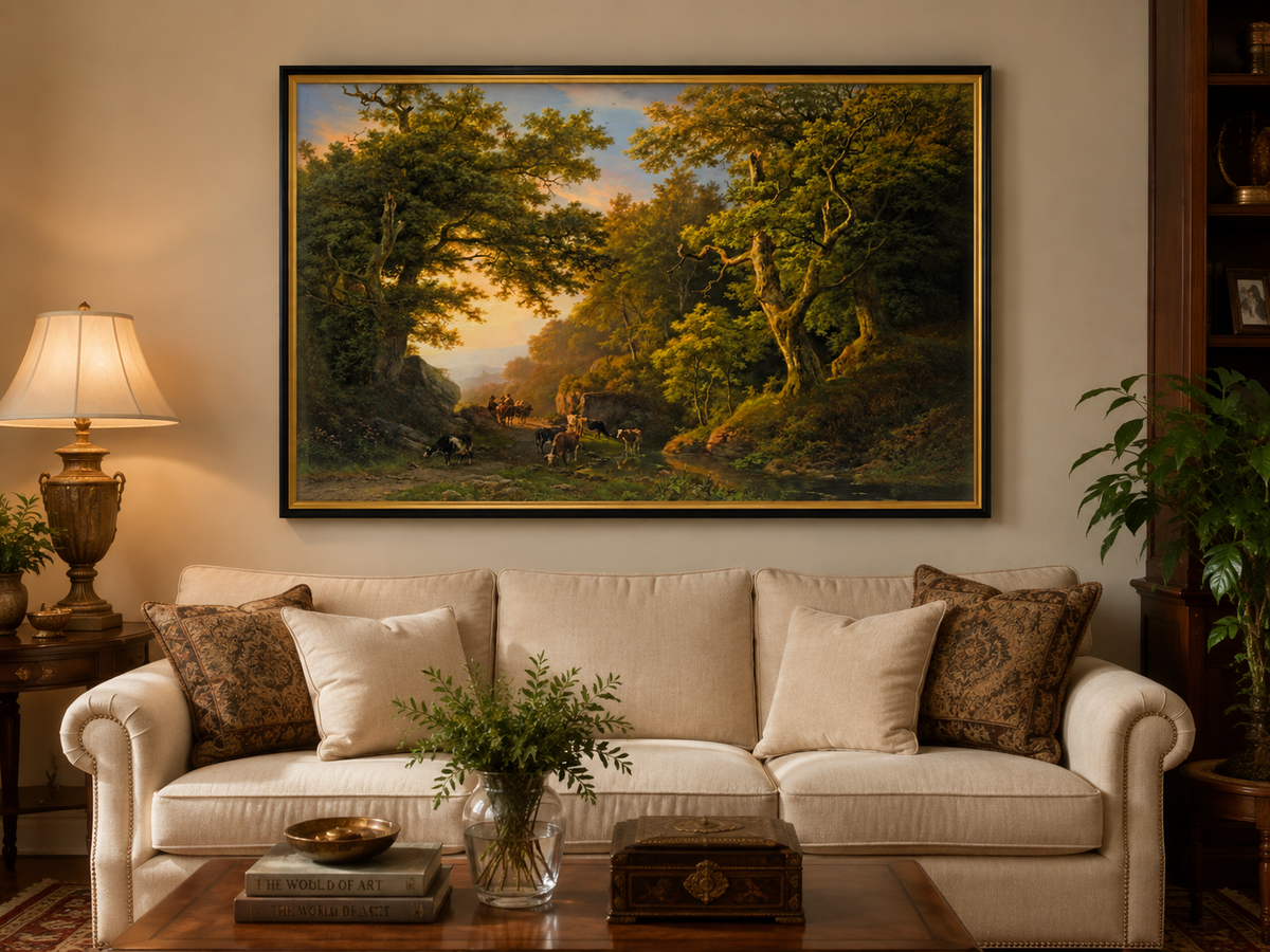 Landscape Oil Painting - Forest Path with Cattle & Travelers
