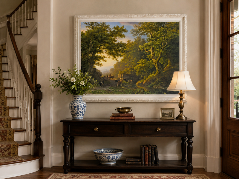 Landscape Oil Painting - Forest Path with Cattle & Travelers