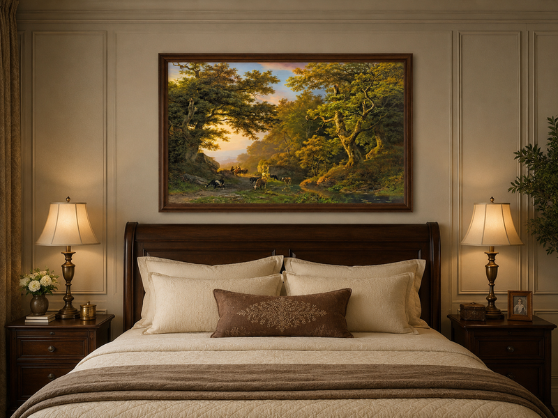 Landscape Oil Painting - Forest Path with Cattle & Travelers