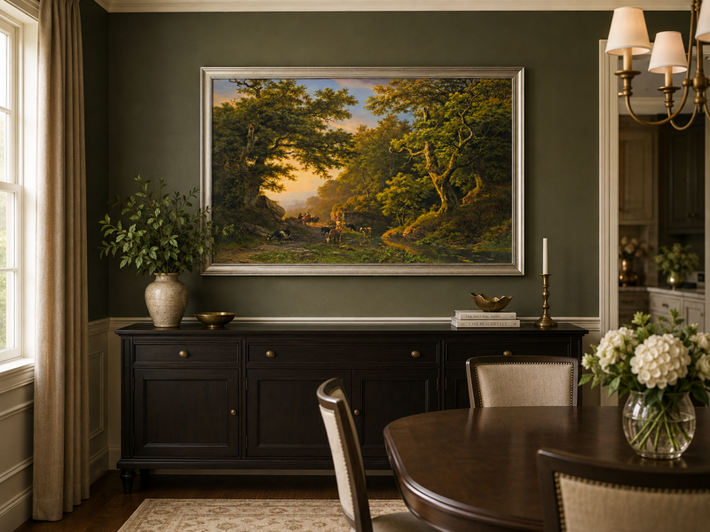 Landscape Oil Painting - Forest Path with Cattle & Travelers
