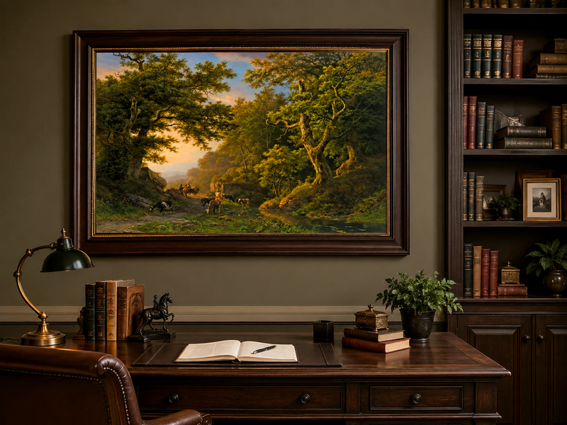 Landscape Oil Painting - Forest Path with Cattle & Travelers