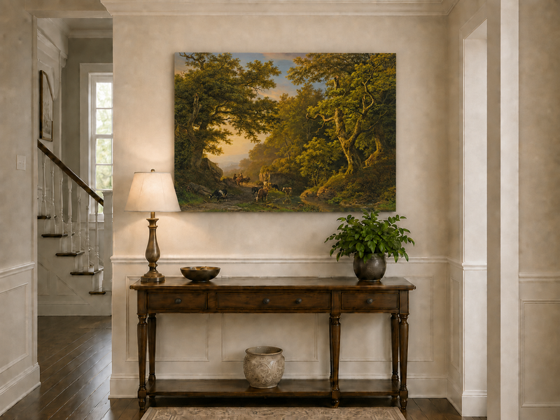 Landscape Oil Painting - Forest Path with Cattle & Travelers