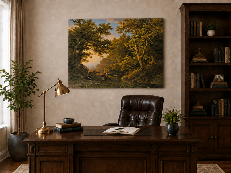 Landscape Oil Painting - Forest Path with Cattle & Travelers