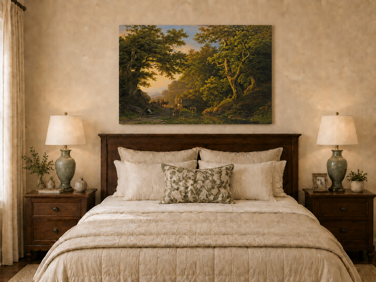 Landscape Oil Painting - Forest Path with Cattle & Travelers