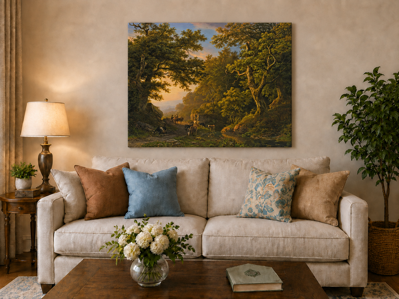 Landscape Oil Painting - Forest Path with Cattle & Travelers