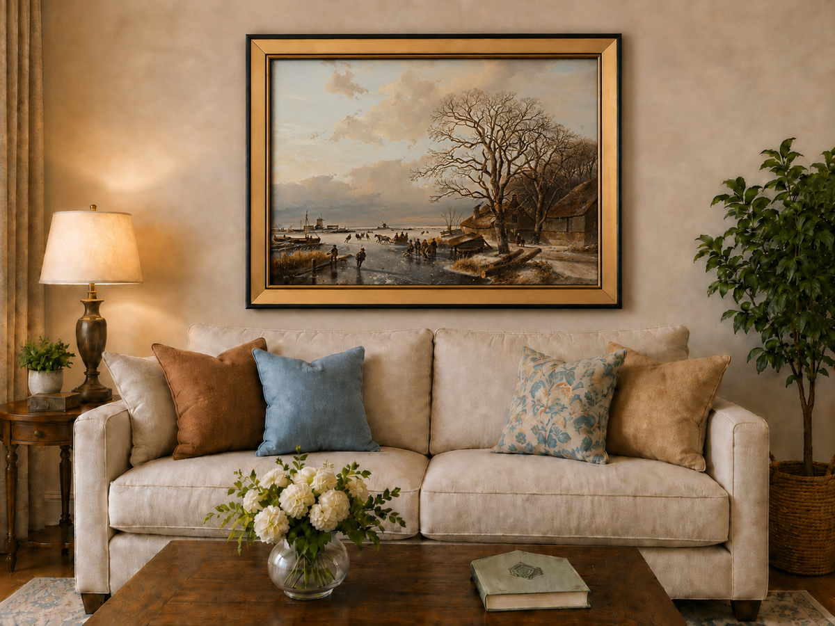 Landscape Oil Painting - Winter Village by a Frozen Canal