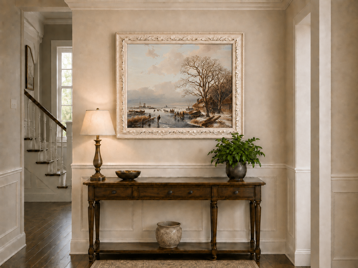 Landscape Oil Painting - Winter Village by a Frozen Canal