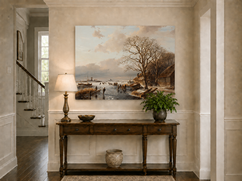 Landscape Oil Painting - Winter Village by a Frozen Canal