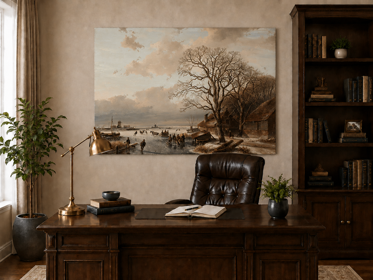 Landscape Oil Painting - Winter Village by a Frozen Canal
