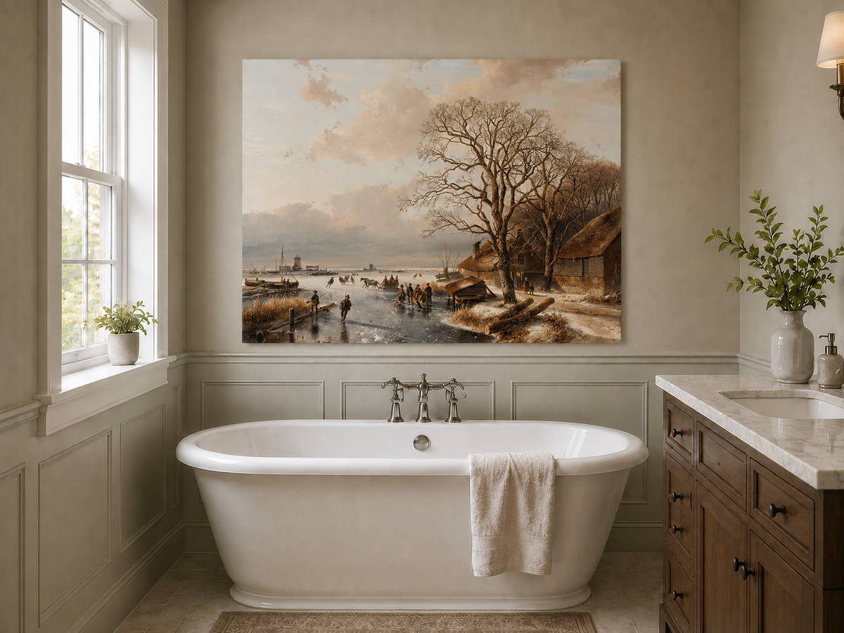 Landscape Oil Painting - Winter Village by a Frozen Canal