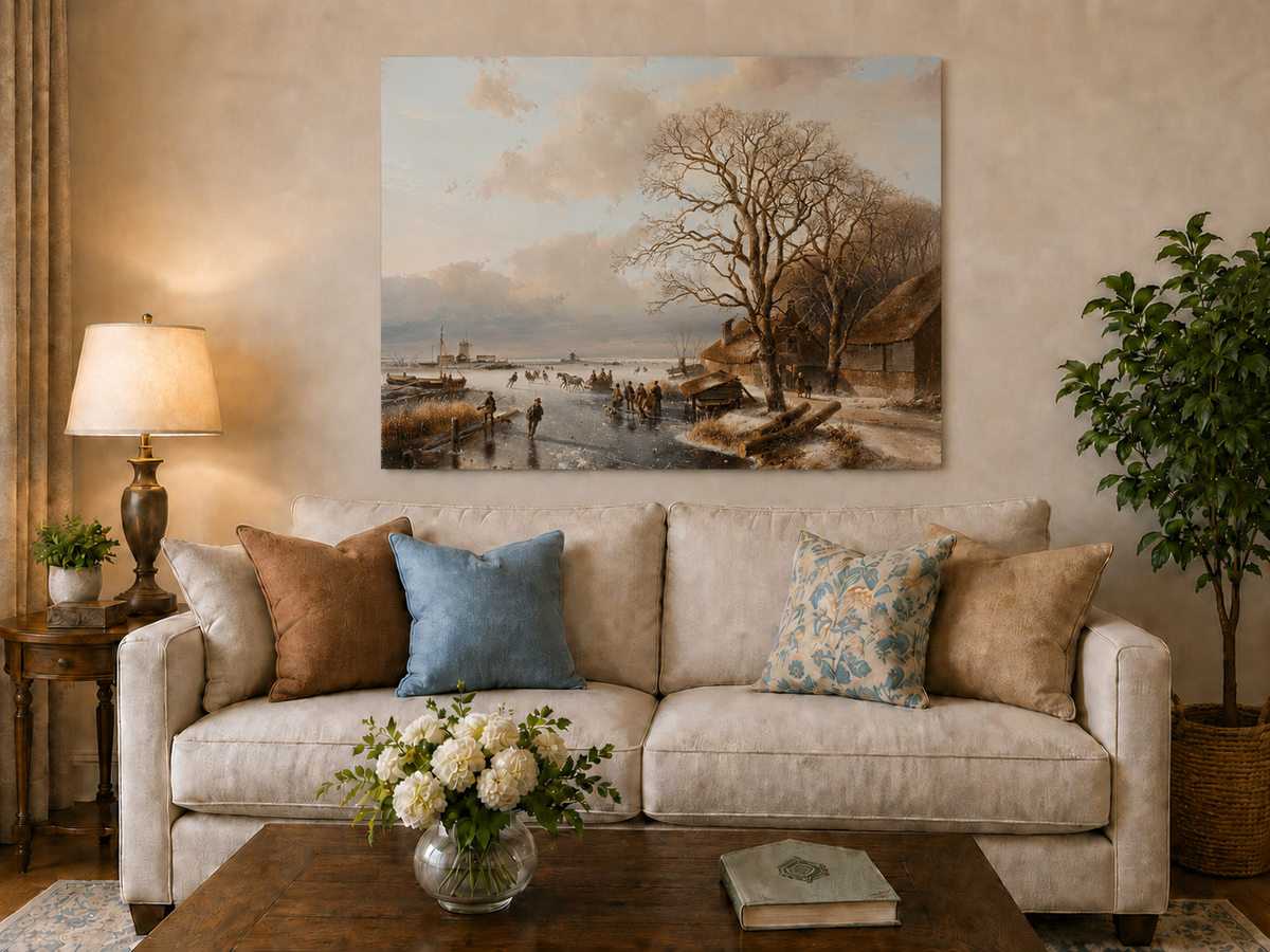 Landscape Oil Painting - Winter Village by a Frozen Canal
