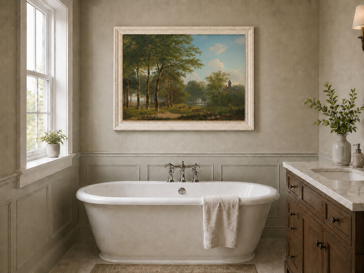 Landscape Oil Painting - Woodland Meadow, Sheep and Castle View