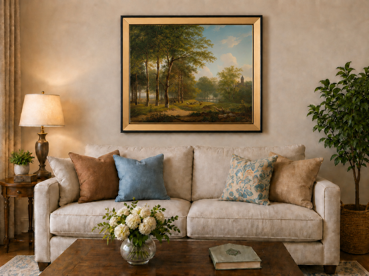 Landscape Oil Painting - Woodland Meadow, Sheep and Castle View