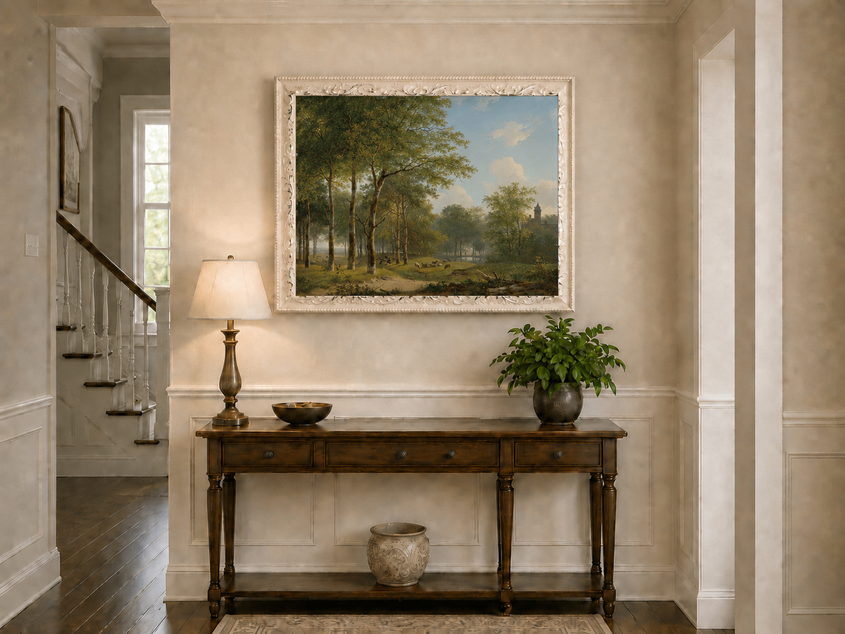 Landscape Oil Painting - Woodland Meadow, Sheep and Castle View