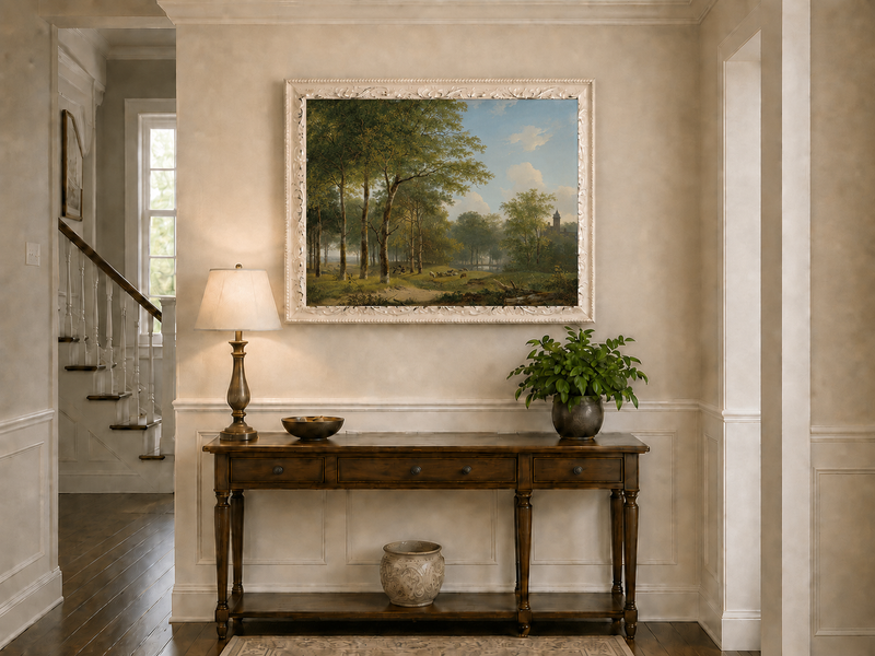 Landscape Oil Painting - Woodland Meadow, Sheep and Castle View