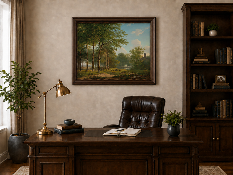 Landscape Oil Painting - Woodland Meadow, Sheep and Castle View
